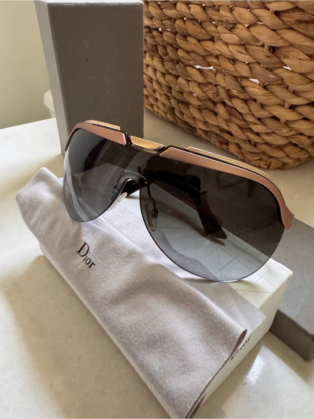 Dior Shield Sunglasses with Pink Trim and Gray Lenses